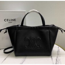 CELINE/CELINE CABAS TRIOMPHE グレインドカウハイドレザードローストリングスモールトートブラックショルダーショッピングバッグ